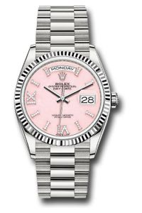 Rolex 18K White Gold Day-Date 36 Pink Opal Diamond 