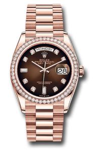 Rolex 18K Rose Gold Day-Date 36 Brown Ombre Baguette Diamond Dial Diamond Bezel