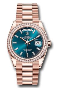 Rolex 18K Rose Gold Day-Date 36 Blue-Green Baguette Diamond Dial Diamond Bezel