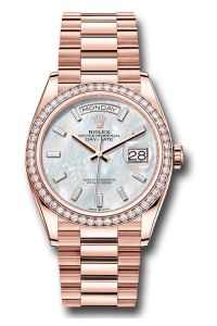Rolex 18K Rose Gold Day-Date 36 Mother Of Pearl Baguette Diamond Dial Diamond Bezel