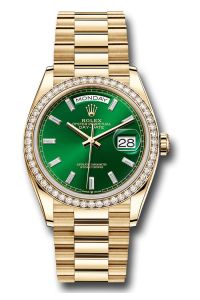 Rolex 18K Yellow Gold DayDate 36 Green Ombre Diamond Dial Diamond Bezel