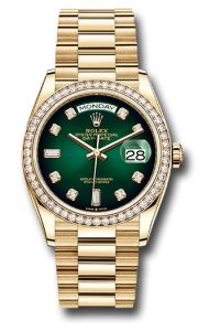 Rolex 18K Yellow Gold Day-Date 36 Green Ombre Diamond Dial Diamond Bezel