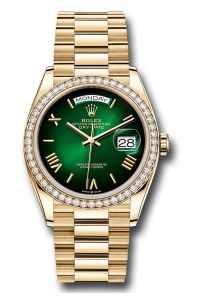 Rolex 18K Yellow Gold Day-Date 36 Green Ombre Roman Diamond Bezel