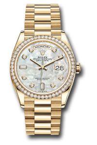 Rolex 18K Yellow Gold DayDate 36 Mother Of Pearl Diamond Dial Diamond Bezel