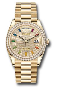 Rolex 18K Yellow Gold Day-Date 36 Diamond Rainbow Sapphire Diamond Bezel