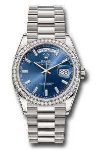 Rolex 18K White Gold Day-Date 36 Blue Baguette Diamond Dial Diamond Bezel