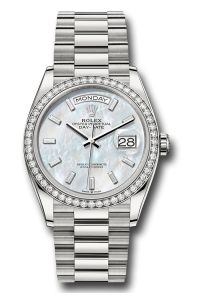 Rolex 18K White Gold Day-Date 36 Mother Of Pearl Baguette Diamond Dial Diamond Bezel