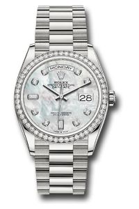 Rolex 18K White Gold Day-Date 36 Mother Of PearlBaguette  Diamond Dial Diamond Bezel