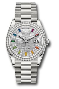 Rolex 18K White Gold Day-Date 36 Diamond Rainbow Sapphire Diamond Bezel
