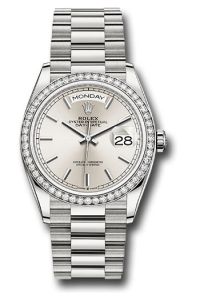 Rolex 18K White Gold Day-Date 36 Silver Index Diamond Bezel