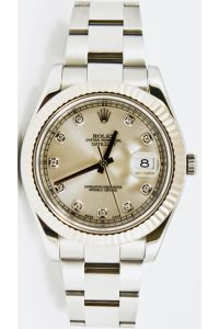Rolex 41mm Datejust II Model 116334 Stainless Steel Watch Factory Silver Diamond Dial & Fluted White Gold Bezel