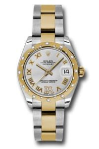 Rolex 31mm Datejust Model 178343 Stainless Steel & 18k Gold Watch Silver Roman Dial With Diamond VI & Rolex Factory Diamond Bezel Oyster Bracelet