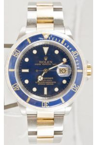 Rolex Submariner Stainless Steel & 18k Gold Oyster Band Model 16613 No Holes Case With A Blue Face Dial "Bezel Engraved Model"