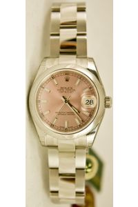 Rolex Mid-Size Datejust Model 178240 Stainless Steel Oyster New Style Heavy Band With A Factory Pink Stick Dial & Smooth Bezel