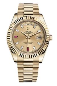Rolex Men's President Model 218238 18k Yellow Gold Day Date II New Style Heavy Presidential Band Factory Champagne & Ruby Diamond Dial & Fluted Bezel