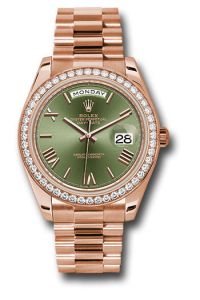 Rolex Everose Gold Day-Date 40 Olive Green Roman Diamond Bezel