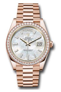 Rolex Everose Gold Day-Date 40 Mother Of Pearl Diamond Dial Diamond Bezel