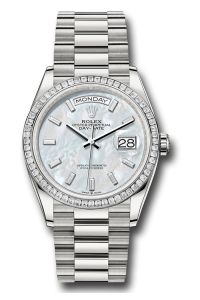 Rolex Platinum Day-Date 36 Mother Of Pearl Baguette Diamond Dial Diamond Bezel