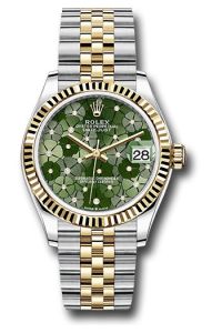 Rolex Steel & Yellow Gold Datejust 31 Olive Green Floral Motif Diamond Jubilee