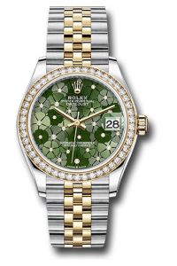 Rolex Steel & Yellow Gold Datejust 31 Olive Green Floral Motif Diamond Jubilee Diamond Bezel