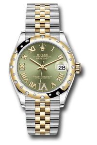 Rolex Steel & Yellow Gold Datejust 31 Olive Green Roman Diamond VI Jubilee Diamond Bezel 24