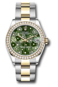 Rolex Steel & Yellow Gold Datejust 31 Olive Green Floral Motif Diamond Oyster Diamond Bezel