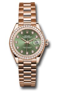 Rolex Everose Gold Datejust 28 Olive Green Diamond President Diamond Bezel