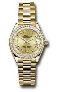 Rolex Yellow Gold Datejust 28 Champagne Roman President Diamond Bezel