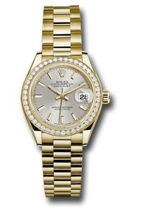 Rolex Yellow Gold Datejust 28 Silver Index President Diamond Bezel