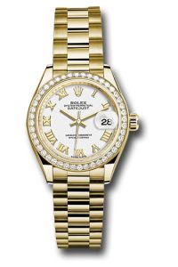 Rolex Yellow Gold Datejust 28 White Roman President Diamond Bezel