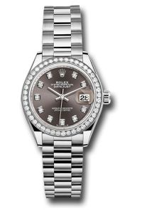 Rolex White Gold Datejust 28 Dark Grey Diamond President Diamond Bezel