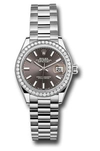 Rolex White Gold Datejust 28 Dark Grey Index President Diamond Bezel