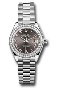 Rolex White Gold Datejust 28 Dark Grey Roman President Diamond Bezel