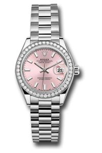 Rolex White Gold Datejust 28 Pink Index President Diamond Bezel