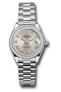 Rolex White Gold Datejust 28 Silver Roman President Diamond Bezel
