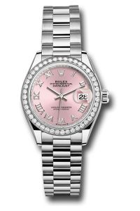 Rolex White Gold Datejust 28 Pink Roman President Diamond Bezel