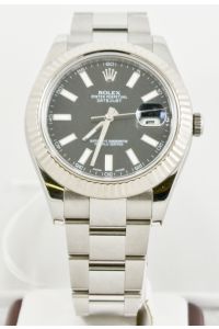Rolex 41mm Datejust II Model 116334 Stainless Steel Watch Factory Black Stick Dial & Fluted White Gold Bezel