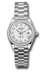 Rolex White Gold Datejust 28 White Roman President Diamond Bezel
