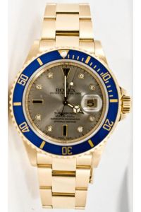 Rolex Submariner Model 16618 Solid 18k Yellow Gold Watch With A Slate SERTI Diamond Sapphire Dial & Blue Bezel "Bezel Engraved"