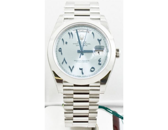 Unused Rolex Men's 40mm President Model 228206 Platinum Presidential New  Style Heavy Band Ice Blue Dial With Special Arabic Rolex Markers \u0026 A Smooth  Bezel (Extremely Rare!)